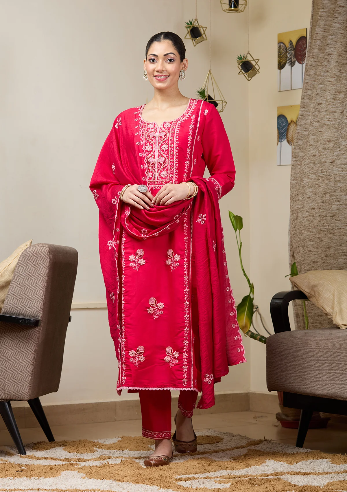 Rani Pink Chanderi Cutdana Straight Kurta With Regular Pant And Dupatta